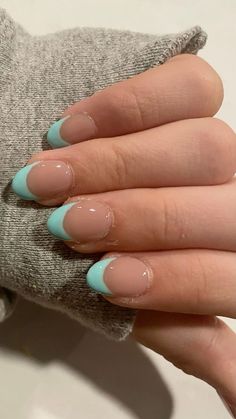 Teal French Tip Nail Designs, Simple Summer Nail Inspo Short Almond, Beachy Nail Inspo Short, Two Color French Tip Nails Summer, Short Acrylic Nails Almond French Tips Summer, Short Nail French Tip Designs Color, Tip And Dip Nail Ideas, French Tip Nails 2 Colors, Short Acrylic Nail Inspo Summer