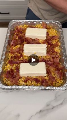 a pan filled with food on top of a counter