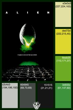 the alien movie poster is shown in green and yellow