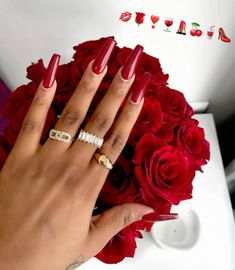 @suZZann_ Red Acrylic Nails Christmas, Red Nails On Black Women, Deep Red Acrylic Nails, Trending Red Nails, Long Red Almond Nails, Red Glossy Nails, Narco Wife, Red Nails On Dark Skin, Red Nails Black Women