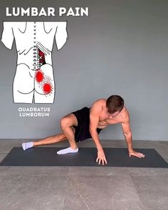 a man is doing push ups on a mat in front of a sign that says lumba pain