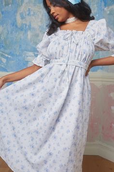 Short Sleeve Floral Print Sleep Dresses, Short Sleeve Floral Sleep Dresses, Fitted Midi-length Sleep Dress, Fitted Midi Sleep Dress, Feminine Daywear Dress With Gathered Neckline, Spring Midi Sleep Dress, Spring Sleep Midi Dress, Feminine Spring Sleep Dresses, Daywear Floral Empire Waist Dresses