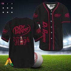 a baseball jersey with the words dr pepper makes me high next to a ball on a field