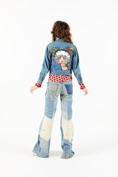 Vintage Jumping Jack Flash Retro Granny Takes a Trip Rock n Roll Denim Jacket Hand Painted Victoria Vintage Multicolor Denim Outerwear, Vintage Denim Jacket With Graphic Print, Jacket Hand Painted, Jumping Jack, Roger Taylor, Jumping Jacks, Cotton Long Sleeve Shirt, Vintage London, Aerosmith