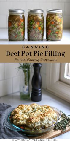 canning beef pot pie filling in mason jars on a kitchen counter with text overlay that reads canning beef pot pie filling