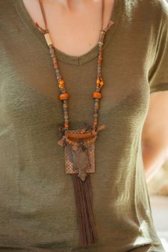 Tribal Necklace With Leather and Handmade Pieces. Unique and Original. Inspired in Africa. - Etsy Leather Jewelry Making, Clay Beads, Leather Jewelry, Pendant Necklaces, Tassel Necklace, Jewelry Inspiration, Boho Chic, Etsy Gifts, Portugal