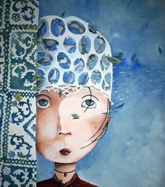 a painting of a woman wearing a white hat with fish on it's head