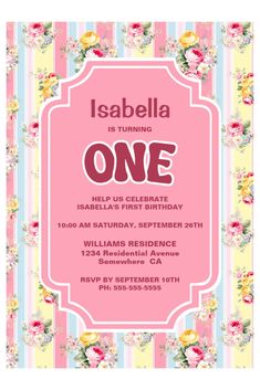 a pink and yellow floral birthday party card with the word,'one'on it