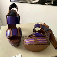 Marni Platform Sandals, All Purple Brown Leather, Braided Leather Detail On The Platform And Heel, Size 38, New, Bought In Saks 5th Ave, Heel Size - 5”, Platform - 1.75”, Brown Suede Details, Black Rubber And Brown Suede On The Band Marni Shoes, Leather Detail, Shoe Fits, Braided Leather, Black Rubber, Workout Wear, Brown Suede, Flat Shoes, Platform Sandals