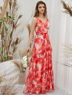 Flowy Red Floor-length Chiffon Dress, Red Chiffon Maxi Dress With Floral Print, Red Floral Maxi Chiffon Dress, Red Floral Print Chiffon Party Dress, Elegant Red Floral Print Chiffon Dress, Red Floral Print Maxi Chiffon Dress, Flowy Red Chiffon Dress With Floral Print, Fitted Red Chiffon Maxi Dress, Formal Flowy Red Chiffon Dress