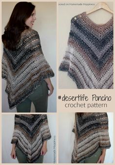 three pictures of a woman wearing a crochet poncho with the words desert life written on it