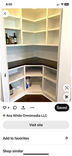 the inside of a white pantry with lots of shelves