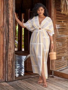 Plus Size Gabriella Striped Maxi Dress | Fashion to Figure Casual Birthday Outfit Summer, Vacay Outfits Plus Size, Curvy Body Outfits, Summer Dresses For Curvy Women, Plus Size Summer Outfits Black Women, Ibiza Fits, Plus Size Vacation Outfits, Elegant Plus Size Dresses, Peace Era