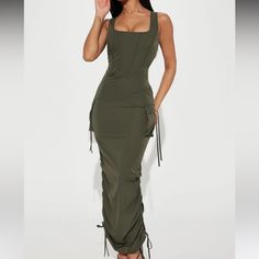 New With Tags Olive Color Casual Ruched Maxi Dress For Party, Fitted Maxi Dress With Drawstring, Elegant Fitted Midi Dress With Drawstring, Chic Bodycon Dress With Drawstring, Chic Green Drawstring Dress, Spring Fitted Maxi Dress With Drawstring, Casual Ruched Maxi Dress For Night Out, Elegant Spring Maxi Dress With Drawstring, Fitted Summer Midi Dress With Drawstring