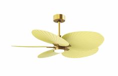 a ceiling fan that is yellow and has four leaves on it's blades