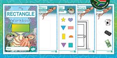 three bookmarks with different shapes and colors on them, including the words rectanglee workbook