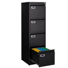 four drawer filing cabinet with file drawers on each side and colored files in the bottom drawer