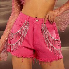 Super Cute And Stylish Ships In 5-10 Business Days Fringe Denim Shorts, Rhinestone Fringe, Pink Cowgirl, Short Fringe, Bleached Denim, Denim Pocket, Frayed Denim, Pink Rhinestones, Pink Shorts