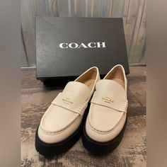 Worn Once For An Indoor Event And Were Extremely Comfortable. No Imperfections, They Are Like Brand New. Comes With Box. Both Shoes Have “Coach” Across The Back Of The Heel, Which Is A Super Cute Accent. Chic Cream Loafers For Workwear, Elegant Coach Loafers For Work, Elegant Coach Loafers For Office, Coach Classic Slip-on Loafers, Classic Coach Slip-on Loafers, Chic Platform Loafers With Branded Insole, Classic Coach Loafers With Flat Heel, Elegant Coach Loafers With Round Toe, Chic Formal Coach Loafers