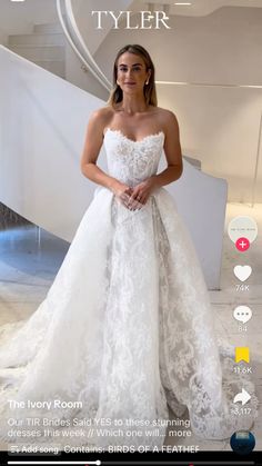 a woman in a white wedding dress standing next to a spiral staircase with the caption's name on it