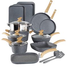 an assortment of pots, pans and utensils are shown in this image