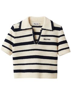 Find MIU MIU Striped Knitted Polo Shirt on Editorialist. white/midnight blue cotton knitted construction horizontal stripe pattern embroidered logo at the chest polo collar split neck short sleeves straight hem Knitted Polo Shirt, Knitted Polo, Polo Shirt White, Cotton Polo Shirt, Knit Shirt, Shirt White, Stripes Pattern, Miu Miu, Fashion Inspo Outfits