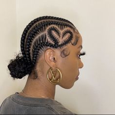 Corn Rows With Design, Cornrows Heart Design, Creative Cornrows Design, Cornrow Hairstyles Design, Cute Cornrow Ideas, Braids With Designs For Black Women, Cornrows Braids For Black Women Bun, Cornrow Bun Hairstyles Black Women, Cornrows With Heart Design