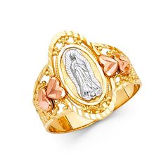 Material Type 14k GoldMaterial Color Yellow Rose White Size 7 All measurements are approximate and may vary slightly from the listed dimensions. Quinceñera Rings, Virgin Mary Ring, Mexican Ring, Gold Things, Tri Color Ring, 15 Rings, Personalized Charm Necklace, 10k Gold Chain, Real Gold Chains