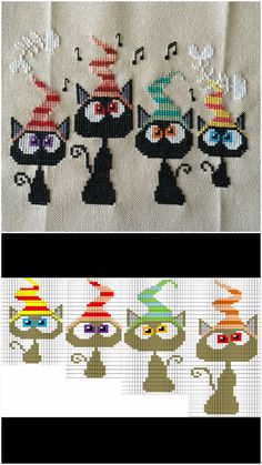 the cross stitch pattern shows four cats with hats on their heads and one cat wearing a hat