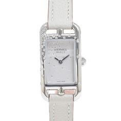 Used Hermes Nantucket Ladies Silver Dial Ss Diamond Leather Quartz Na2.131 Watch (Sku: Gzyzcx) === General === Brand : Hermes === Design === Type : Wristwatch Gender : Women Material (Case) : Stainless Steel Material (Band) : Leather Color (Dial) : Silver Gemstone : Diamond === Movement === Movement : Quartz === Size === Case Diameter : 17mm / 0.67'' === Included Items === Accessories : Inner Box, Outer Box, Warranty Accessories Notice : Before Purchasing, Please Refer To The Images Of The Acces Luxury Silver Watch With Leather Strap, Luxury Silver Watches With Leather Strap, Designer White Gold Watches With Leather Band, Designer White Gold Leather Watch, Designer Rectangular Watches For Evening, Timeless White Watches For Evening, Designer Rectangular Evening Watches, Luxury White Evening Watch, Designer White Leather Watches