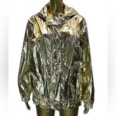 Gold Metallic Jacket Nwt Size Small Non Removable Hood Front Pockets Lined, Zipper Closure See Photos For Measurements Lightweight Fast Shipping Metallic Long Sleeve Outerwear With Zipper, Trendy Fall Windbreaker With Detachable Hood, Casual Hooded Metallic Outerwear, Metallic Hooded Winter Outerwear, Metallic Long Sleeve Outerwear For Streetwear, Casual Metallic Outerwear For Fall, Metallic Outerwear With Pockets For Fall, Gold Hooded Winter Outerwear, Spring Metallic Outerwear For Streetwear