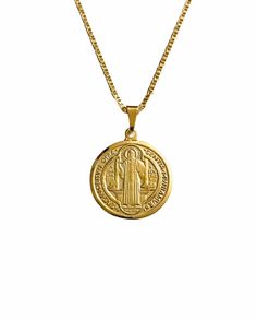 "18K GOLD FILLED SAINT BENEDICT NECKLACE 24\" LONG...FOR GOOD LUCK ,PROSPERITY AND PROTECTION. PENDANT : 35 mm x 26 mm 18K GOLD FILLED CADENA DE SAN BENITO 24\" LARGO ..PARA PROSPERIDAD, BUENA SUERTE Y PROTECCION. DIJE: 35 mm x 26 mm" Gold Medallion Necklace For Good Luck, Protection Pendant, Figaro Necklace, Good Luck Bracelet, Saint Benedict, For Good Luck, Pompano Beach, Evil Eye Pendant, Good Luck