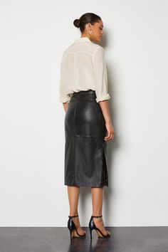 Leather Pencil Skirt | Karen Millen High Waist Relaxed Pencil Skirt For Fall, High Waist Leather Skirt For Work, Chic Denim Skirt With Belt Loops, Formal Leather Skirt With Belt Loops, Fall Workwear Skirt, Formal Leather Lined Skirt, Classic High-waist Skirt For Fall, Classic High Waist Skirt For Fall, Chic Skirt With Belt Loops For Fall