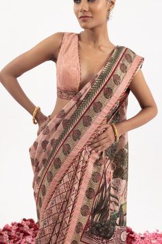 Peach cotton silk saree with grazing peacock, quatrefoil, floral prints. Paired with a blouse with printed border. - Aza Fashions Silk Pre-draped Saree With Block Print, Kalamkari Print Cotton Silk Pre-draped Saree, Cotton Silk Pre-draped Saree With Kalamkari Print, Silk Block Print Pre-draped Saree, Transitional Cotton Silk Pre-draped Saree With Printed Motifs, Cotton Silk Blouse Piece With Kalamkari Print, Cotton Silk Blouse Piece With Block Print For Puja, Designer Cotton Silk Pre-draped Saree With Printed Motifs, Pre-draped Cotton Silk Saree With Printed Motifs