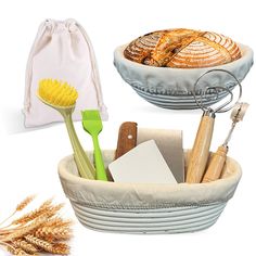 a basket filled with bread and other items next to a drawstring bag on a white background