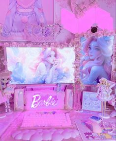 there is a pink room with barbie dolls on the wall and other things around it