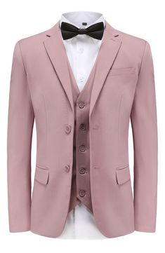 Bring understated elegance to the table in this three-piece suit crafted from rich fabric in a classic single-breasted silhouette. Jacket has notched lapels; chest welt pocket; front flap pockets Vest has front button closure; V-neck Pants have zip fly with button closure; front slant pockets; back button-welt pockets Jacket and vest are lined; trousers are lined to the knee 65% polyester, 35% viscose Dry clean Imported Each suit has a 6” drop, meaning that a size 38R jacket is paired with size Slim Fit Single-breasted Three-piece Suit, Three-piece Suit With Single Button, Three-piece Suit With Lapel Collar And Single Button, Elegant Single Breasted Three-piece Suit With Notch Lapel, Semi-formal Single Breasted Three-piece Suit, Semi-formal Single-breasted Three-piece Suit, Fitted Single Breasted Three-piece Suit With Lapel Collar, Elegant Three-piece Suit With Single Button And Lapel Collar, Classic Pink Blazer With Notch Lapel