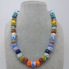 Murano glass beaded necklace made by artist in Turkey Thanks so much for stopping by our shop Glass designs that come to life in 1200 degrees flame are here for you All of my jewelery are sent in a gift box ready to go. The product is well packed for shipping and safe for damages.. Glass beads made in lampwork technique Depicted with 37 colored  handmade Murano glass beads Pendant length: 42 cm or 16 inches Large Glass Bead Necklace, Lampwork Bead Necklace, Colorful Beaded Necklace, Glass Beads Necklace, Lampwork Necklace, Murano Glass Jewelry, Necklace Colorful, Beads Pendant, Glass Beads Jewelry