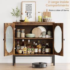 a wooden cabinet with bottles and plates on it