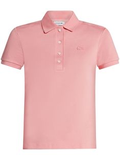 pink stretch-cotton appliqué logo polo collar front button placket short sleeves straight hem Solid Polo Collar T-shirt For Spring, Solid Spring Polo Shirt With Button Closure, Solid Polo Shirt With Button Closure For Spring, Classic Slim Fit Polo Collar Top, Summer Workwear Polo Shirt With Ribbed Collar, Fitted Polo Shirt With Button Closure For Spring, Spring Cotton Polo Shirt With Collared Neckline, Spring Workwear Polo Shirt With Ribbed Collar, Fitted Polo Shirt For Workwear In Spring