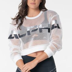 Alpha Prime Mesh Pullover. The Perfect Layer Over Sports Bras. Large Open Hole Mesh. Soft Rib Collar, Waistband And Sleeve Cuffs. Seams Are Clean Finished W/Soft Knit Binding. Relaxed Fit. Color White. Size Xl. Nwt White Mesh Tops For Streetwear, White Crew Neck Mesh Top, White Mesh Sportswear Tops, Mesh Crew Neck Sportswear Top, White Mesh Athleisure Top, White Mesh Top For Athleisure, White Mesh Top In Athleisure Style, White Mesh Crew Neck Top, White Stretch Mesh Top With Crew Neck