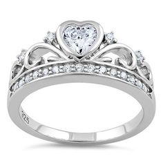 Sterling Silver Heart Crown Clear CZ Ring Crown Ring Princess, Heart Crown, Stone Setting, Cz Ring, Sterling Silver Heart, Real Diamonds, Cz Stone, Sterling Silver Charm, Silver Heart