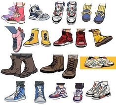 an image of many pairs of shoes that are in different colors and sizes on a white background