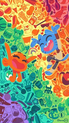 an image of cartoon characters with different colors and patterns on it's wallpaper