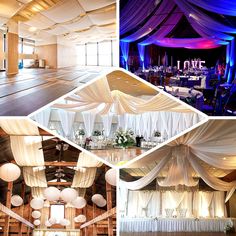 four different pictures show the inside and outside of a wedding venue with white draping