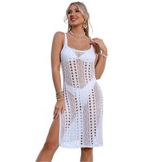 White Hollow Out Split Sling Beach Cover Dress Spaghetti Strap Beach Dress For Spring, White Hollow Out Mini Dress For Beach, White Hollow Out Mini Dress For Vacation, White Spaghetti Strap Beach Dress, White Spaghetti Strap Sundress For Beach Season, Spaghetti Strap Beach Dress Cover-up, White Spaghetti Strap Sundress For Beach, Spaghetti Straps Beach Dress Cover-up, Beachy Spaghetti Strap Beach Dress