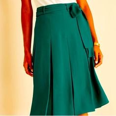 Alpine Green Polished Tie Waist Pleated Skirt Self Tie Belt Hidden Side Zipper W/ Hook-And-Eye Closure Lined 100% Polyester Imported Measurements Pictured For Size 4 Unaltered Brand New Never Worn Green A-line Workwear Skirt, Green Mini Skirt For Office, Chic Green Knee-length Bottoms, Green Midi Skirt For Office, Spring Office Green Skirt, Green Pleated Skirt For Work, Green Pleated Knee-length Bottoms, Chic Green Mini Pleated Skirt, Chic Green Skirt For Office