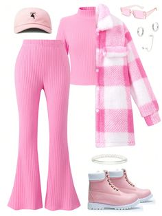 Rosa  Collar     Embellished Elástico Ligero Pink Outfit Set, Rosa Outfit, Outfit Rosa, Grey Colour Suit, Fleece Tights, Rose Bonbon, Turtleneck Long Sleeve, Long Sleeve Jacket, Drop Shoulder Sweaters