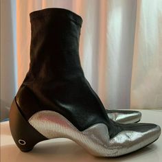 Description - Courrges Curved Heel Ankle Boot - Black Rubber Curved Heel - Leather Insoles In Good Condition Rare Shoes, Limited Edition Rare Shoes, Gogo Boots, Heeled Ankle Boots, Black Rubber, Black Ankle Boots, Shoes Heels Boots, Wedge Boot, Shoes Women Heels, Black Boots