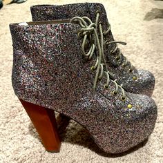 Brand New, Never Worn Jeffrey Campbell Vintage Sparkly Heel Boot Multicolor Round Toe Boots For Party, Multicolor Closed Toe Boots For Party, Glamorous Multicolor Platform Heels, Party Platform Multicolor Boots, Jeffrey Campbell Boots, Pointed Ankle Boots, Snake Print Boots, Chunky Heel Booties, Chelsea Rain Boots